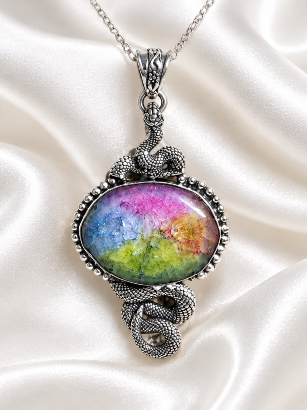 Silver Snake Pendant Necklace Rainbow Solar Quartz 2 3/4 inches